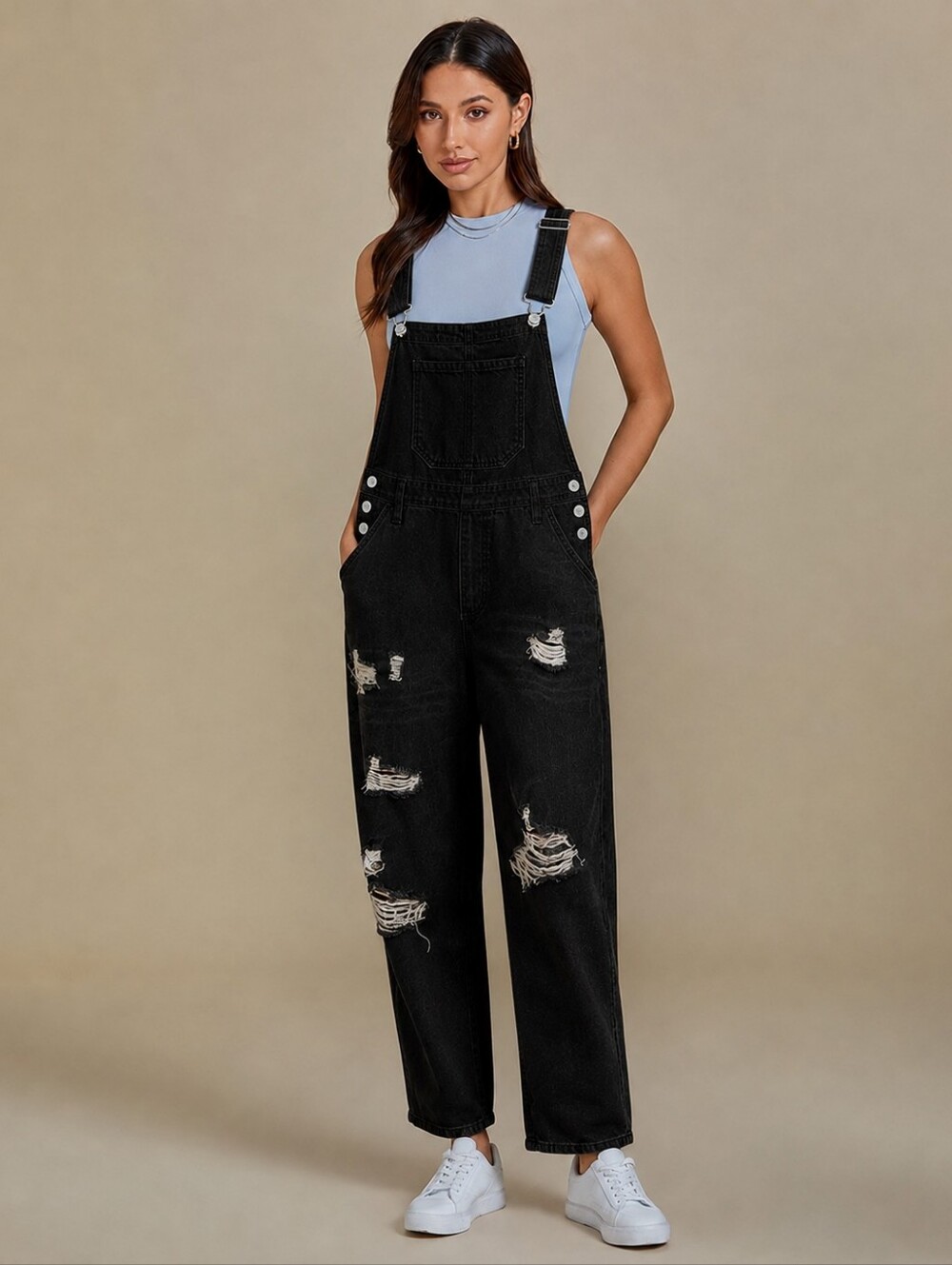 Black Distressed Denim Overalls XL Ripped Boyfriend Utility Bib